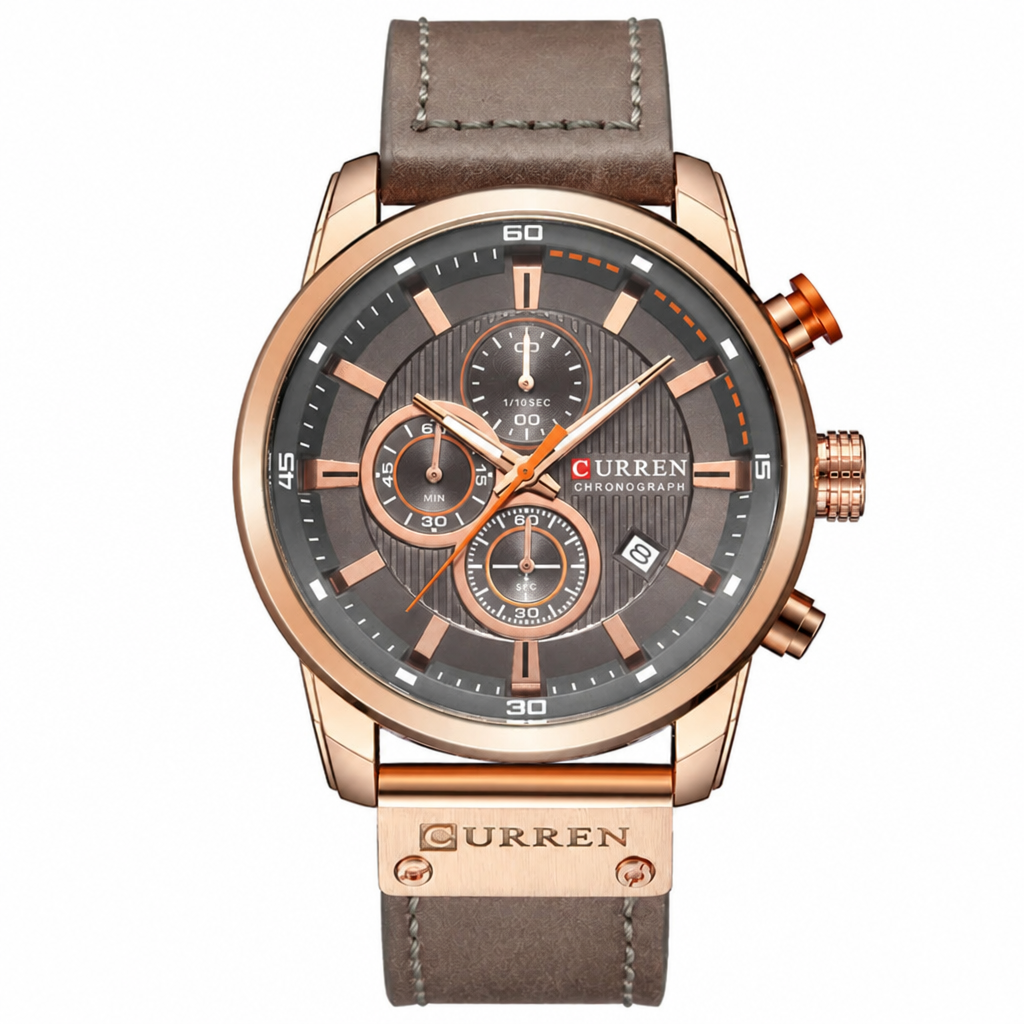 CURREN chronograph watch, rose gold case with gray leather strap