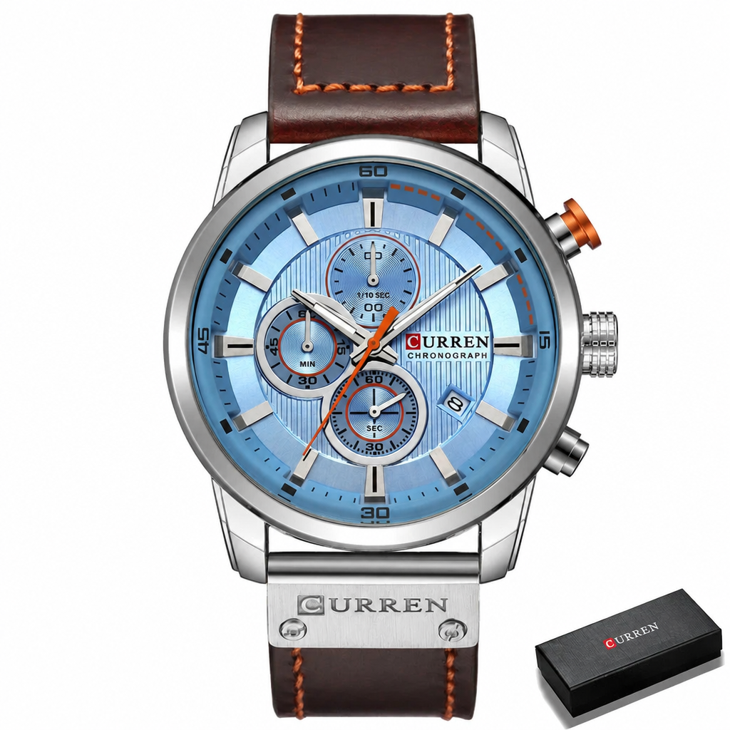 CURREN chronograph watch, silver case with blue dial, brown leather strap and gift box