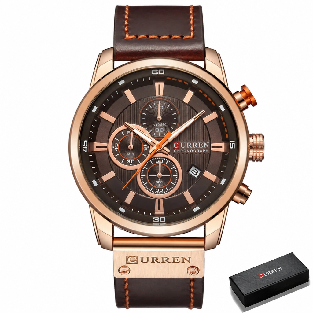 CURREN men's rose gold chronograph watch with brown leather strap and gift box