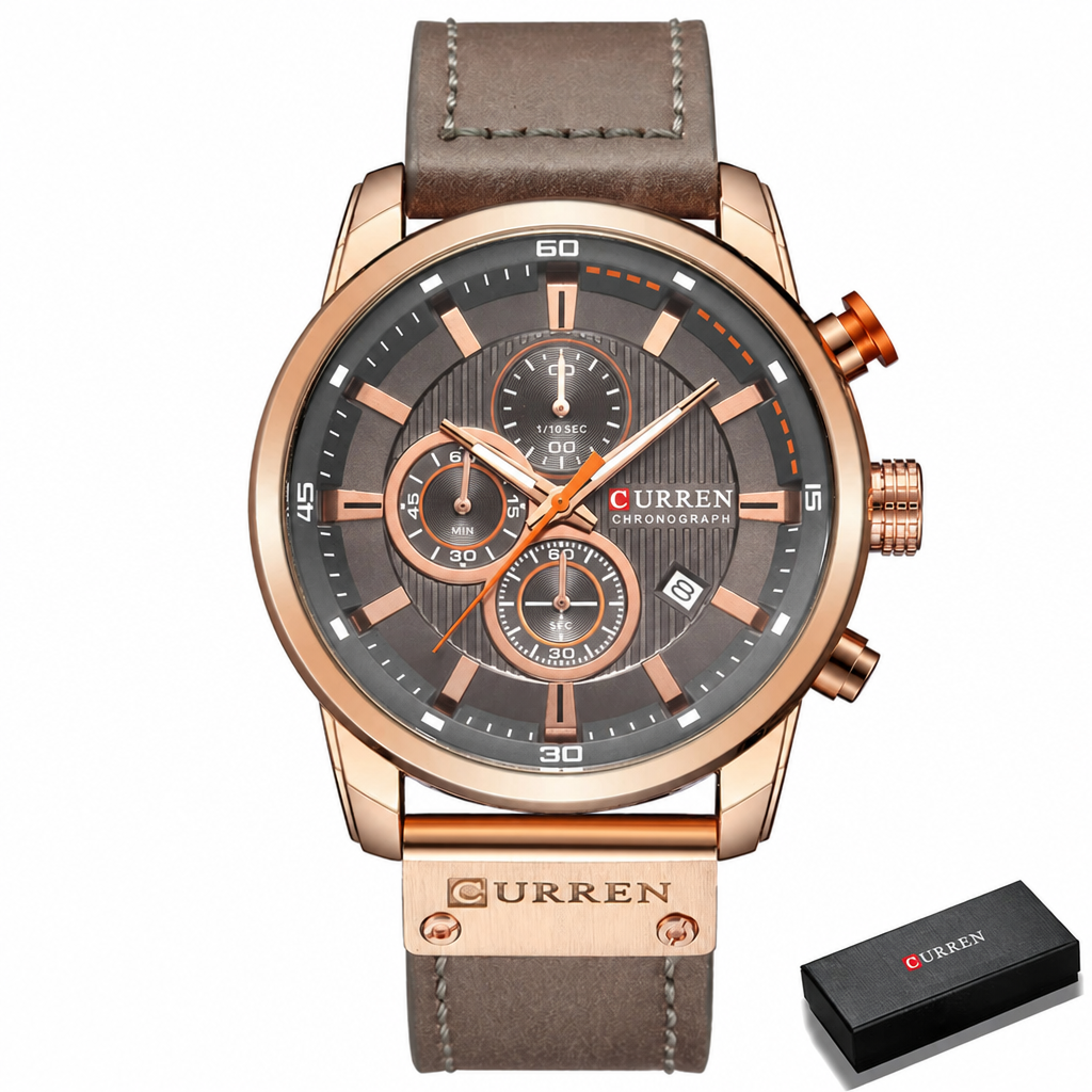 CURREN chronograph watch, rose gold case with gray leather strap and gift box