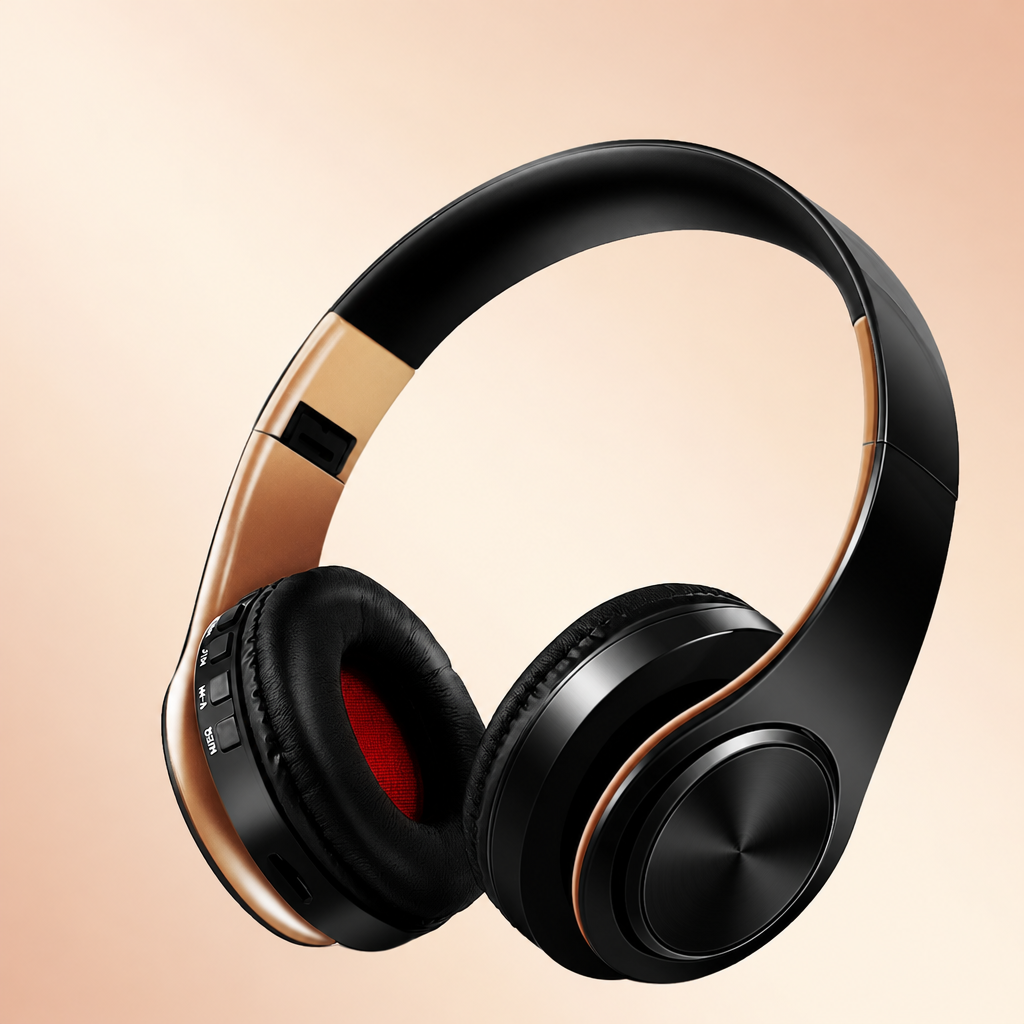 Black and gold wireless Bluetooth over-ear headphones