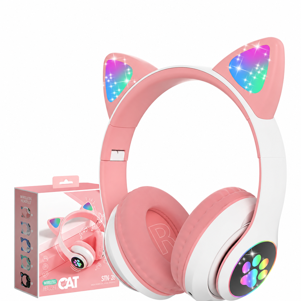 Pink cat ear Bluetooth headphones with LED lights and box
