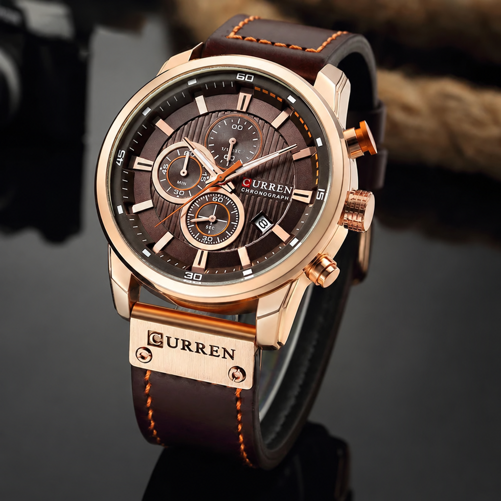 CURREN rose gold chronograph watch angled view with brown leather strap