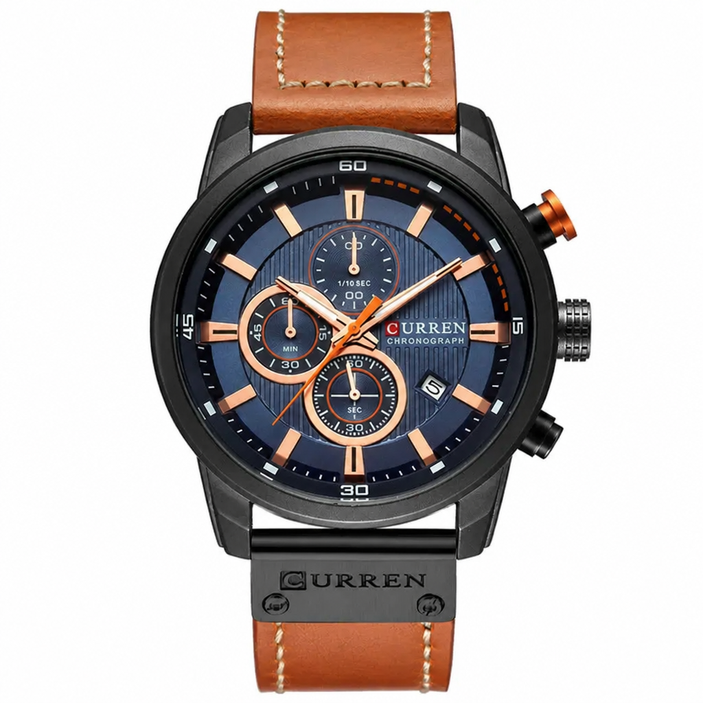CURREN chronograph watch, black case with blue dial and tan leather strap