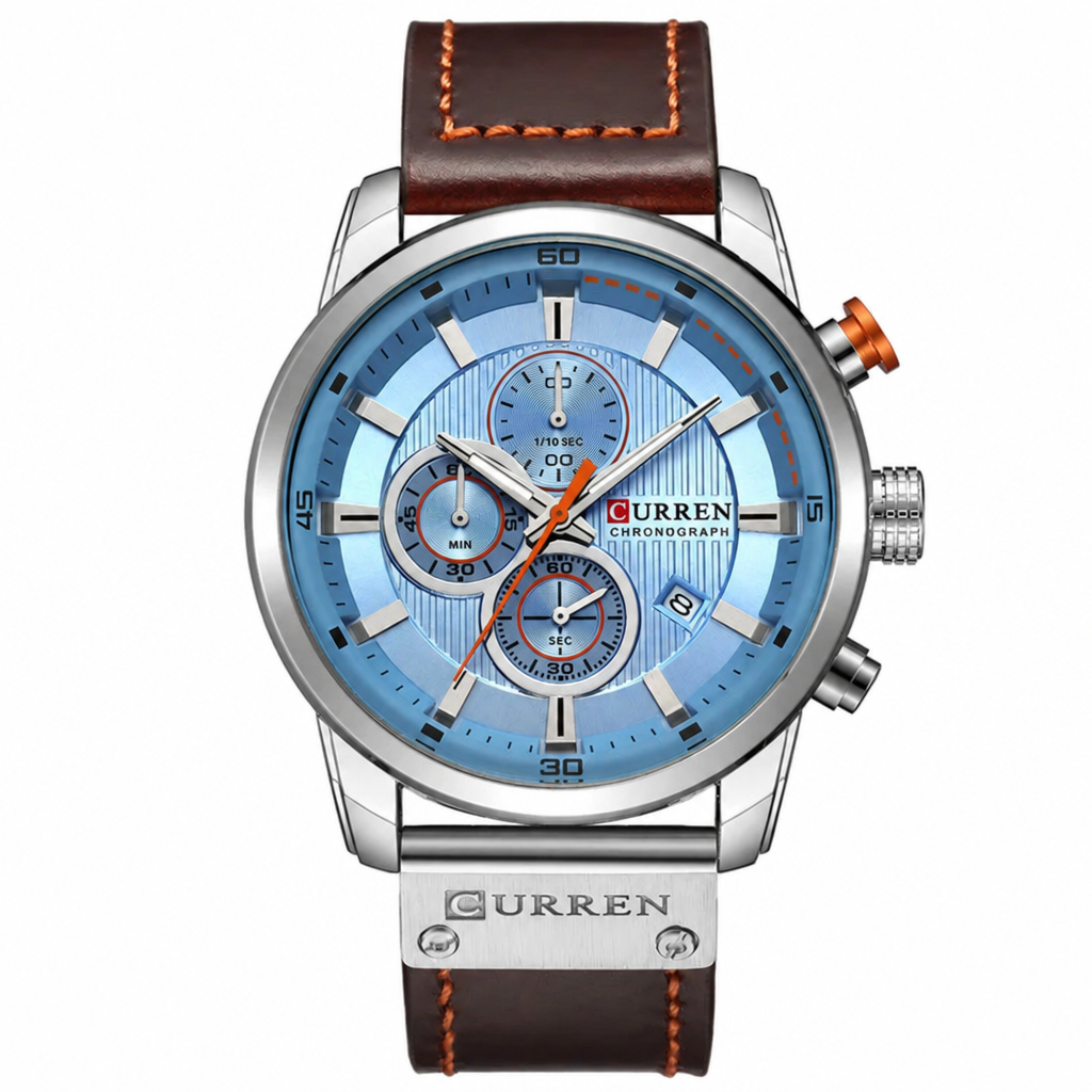 CURREN chronograph watch, silver case with blue dial and brown leather strap